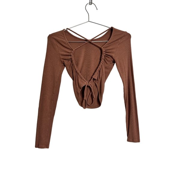 ASTR Shirt Womens XS Brown Long Sleeve Ribbed Open Back Crop Top Lace Up - Picture 4 of 6
